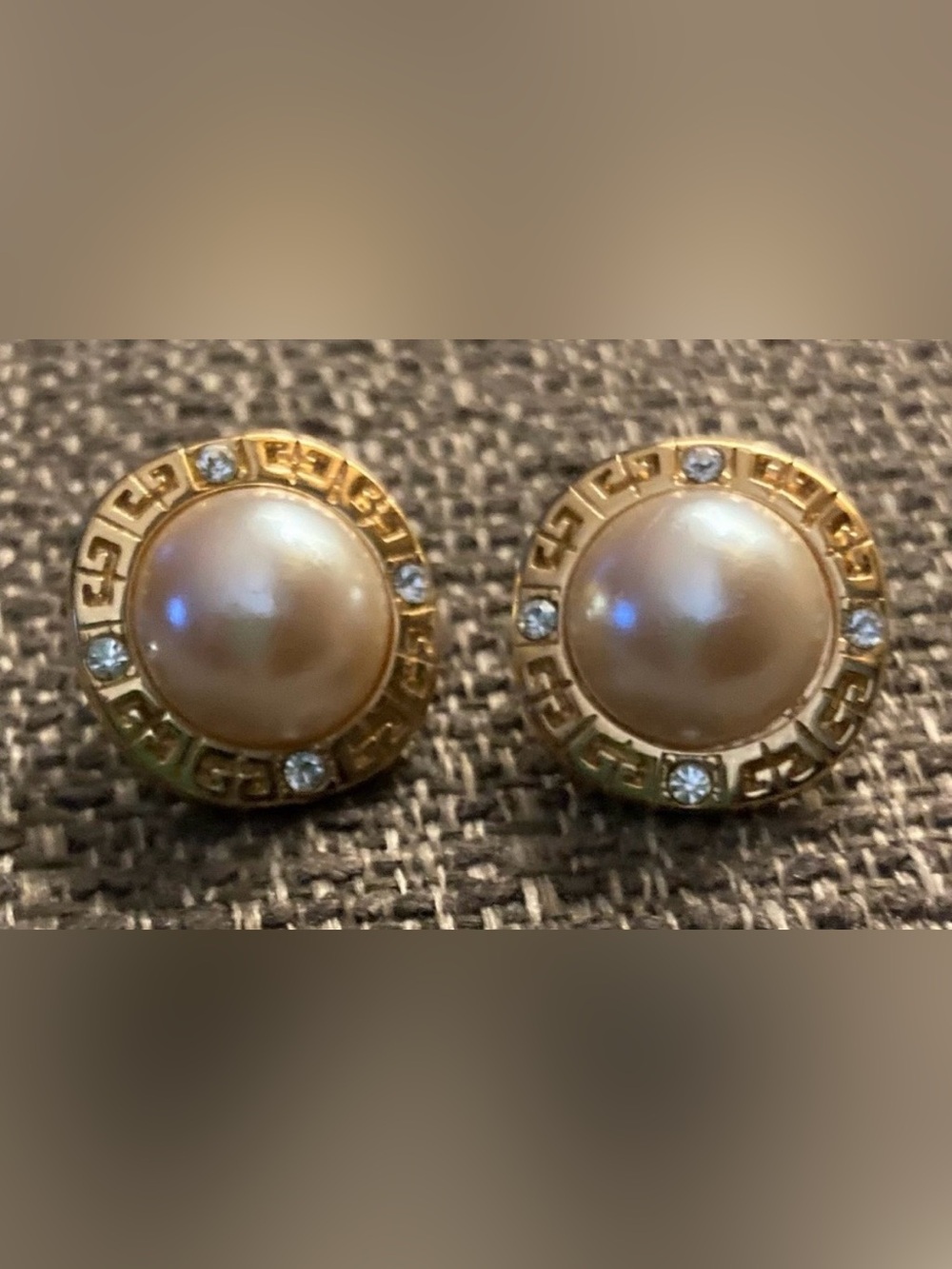 GIVENCHY Vintage, Round, Gold Tone, Faux Pearl & Crystal Earrings